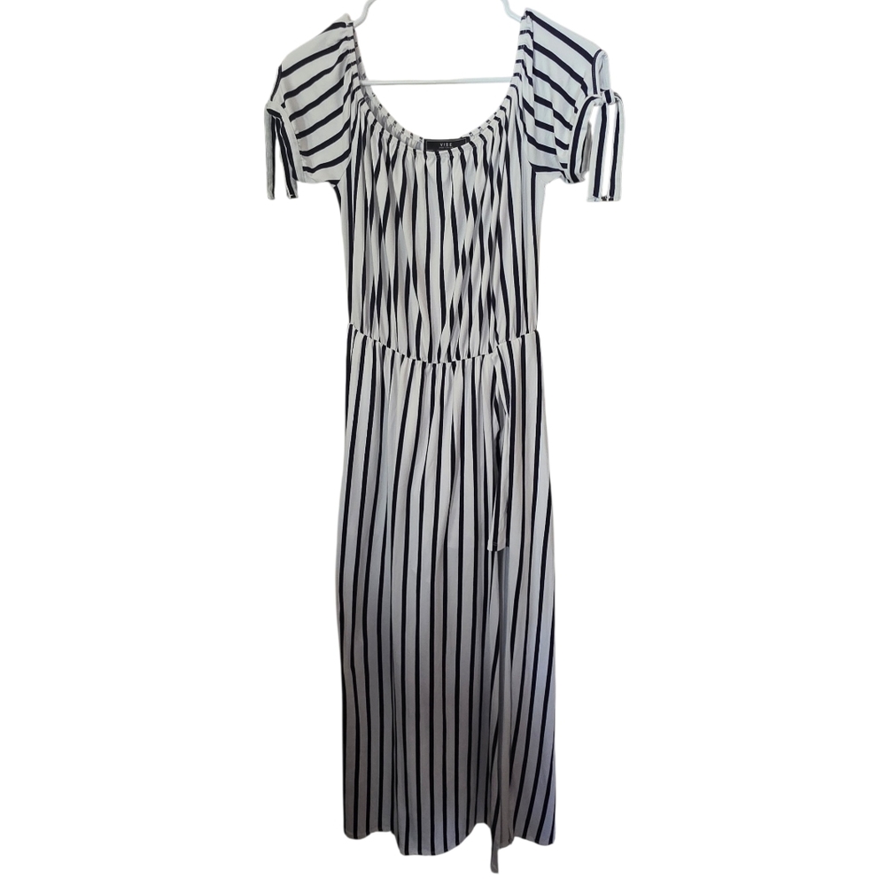 Vibe Sportswear Off The Shoulder Striped Romper Maxi Skirt Overlay Size L EUC